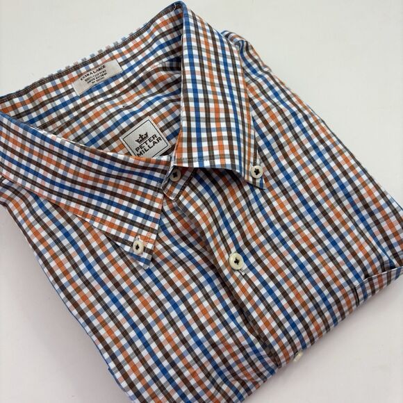 Peter Millar Men's Xl Orange Blue Ginghan Check Long Sleeve Button Down Shirt - Picture 3 of 6
